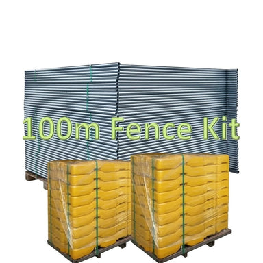 100m fence kit with galvanized steel posts and yellow weighted bases for stability and durability.