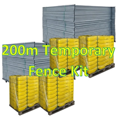 200m Temporary Fence Kit with sturdy gray panels and yellow bases for outdoor safety and security.