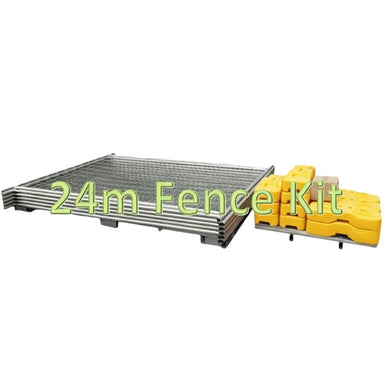 24m fence kit with galvanized steel panels and yellow base stabilizers for secure outdoor enclosures.