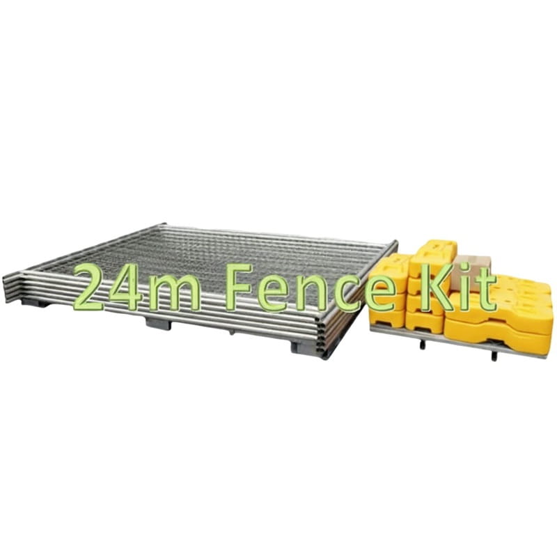24m fence kit with galvanized steel panels and yellow base stabilizers for secure outdoor enclosures.