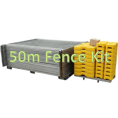 50m fence kit with metal panels and yellow bases, ideal for durable outdoor fencing solutions.