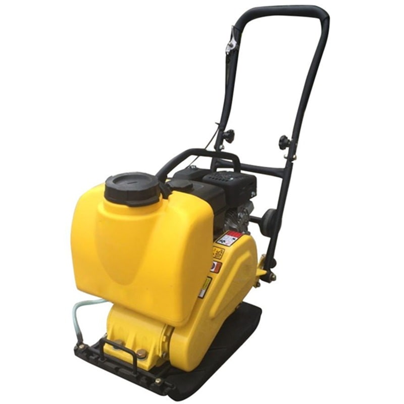 Yellow plate compactor with black handle and water tank