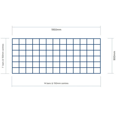 Steel grid panel, 1950mm x 900mm, features 7 bars at 150mm centers, ideal for industrial use.
