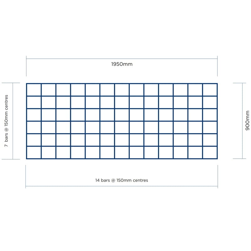 Steel grid panel, 1950mm x 900mm, features 7 bars at 150mm centers, ideal for industrial use.