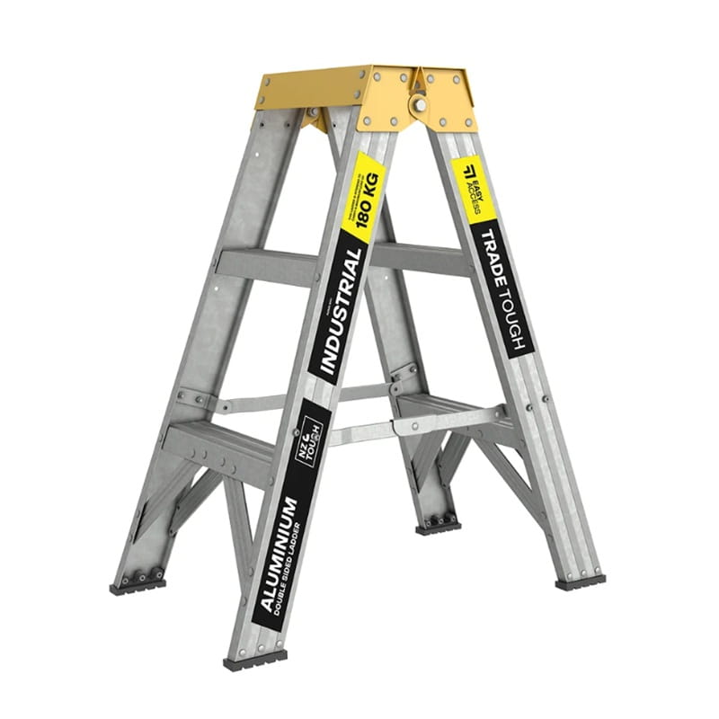A 3-step aluminum step ladder with yellow top caps and black/yellow branding labels on the side rails, shown on a plain white background.