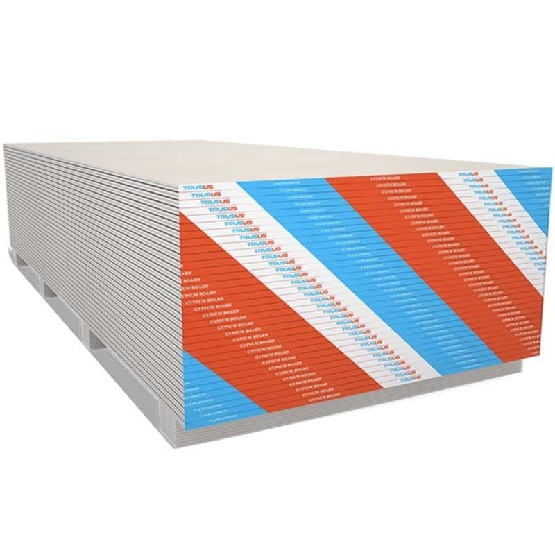 Stack of gypsum boards with red, white, and blue branding, ideal for construction and remodeling projects.