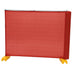Red mesh safety barrier with yellow bases, suitable for construction and crowd control.