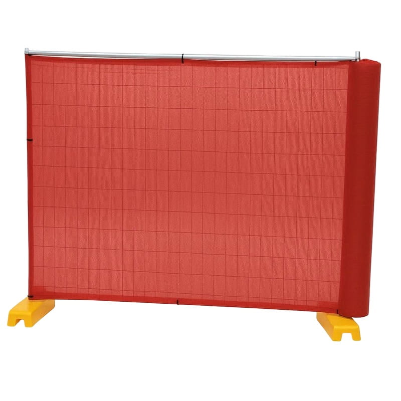 Red mesh safety barrier with yellow bases, suitable for construction and crowd control.