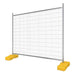 Construction safety fence with steel mesh and yellow plastic base, ideal for site security and crowd control.