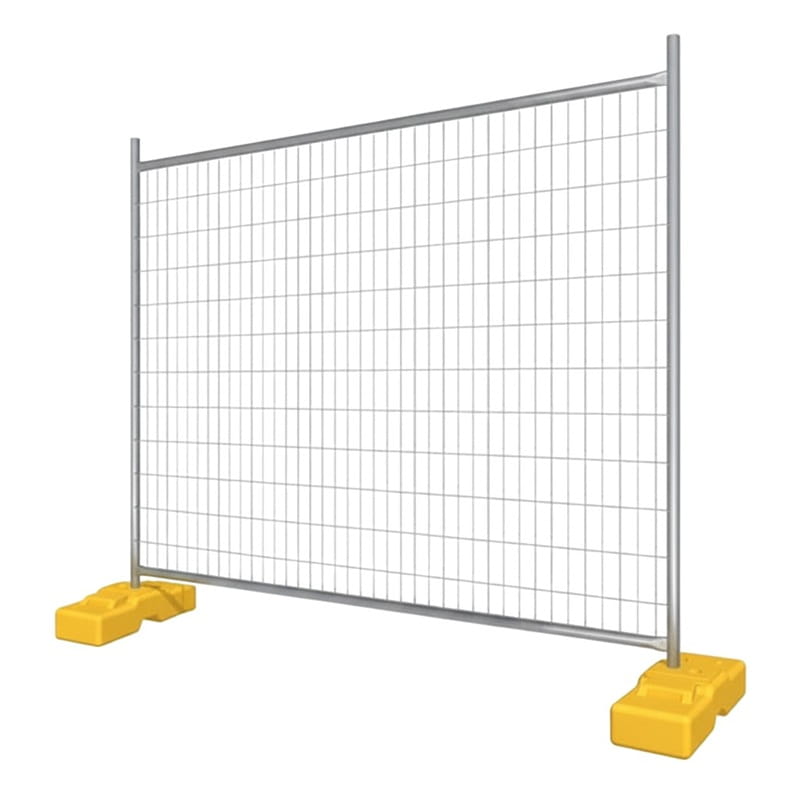 Construction safety fence with steel mesh and yellow plastic base, ideal for site security and crowd control.