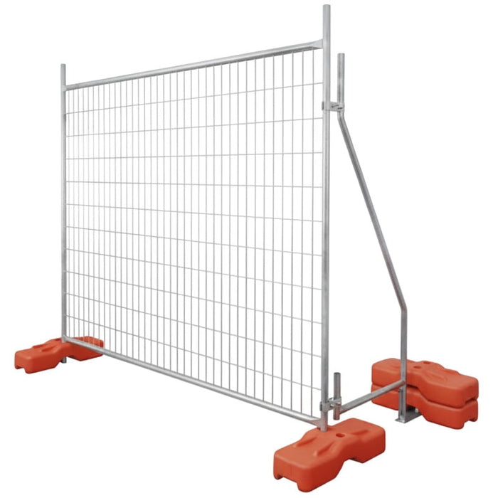 temporary fence panel with bracing and orange concrete filled plastic feet