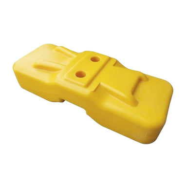 Durable yellow plastic trailer hitch coupler for secure towing, features two connection holes.